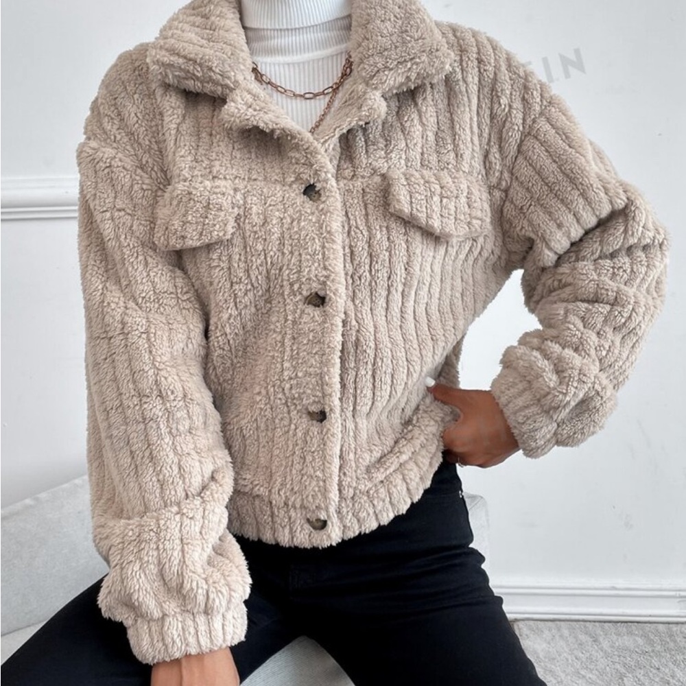 SHEIN Apricot Teddy Drop Shoulder Women Fall Jacket